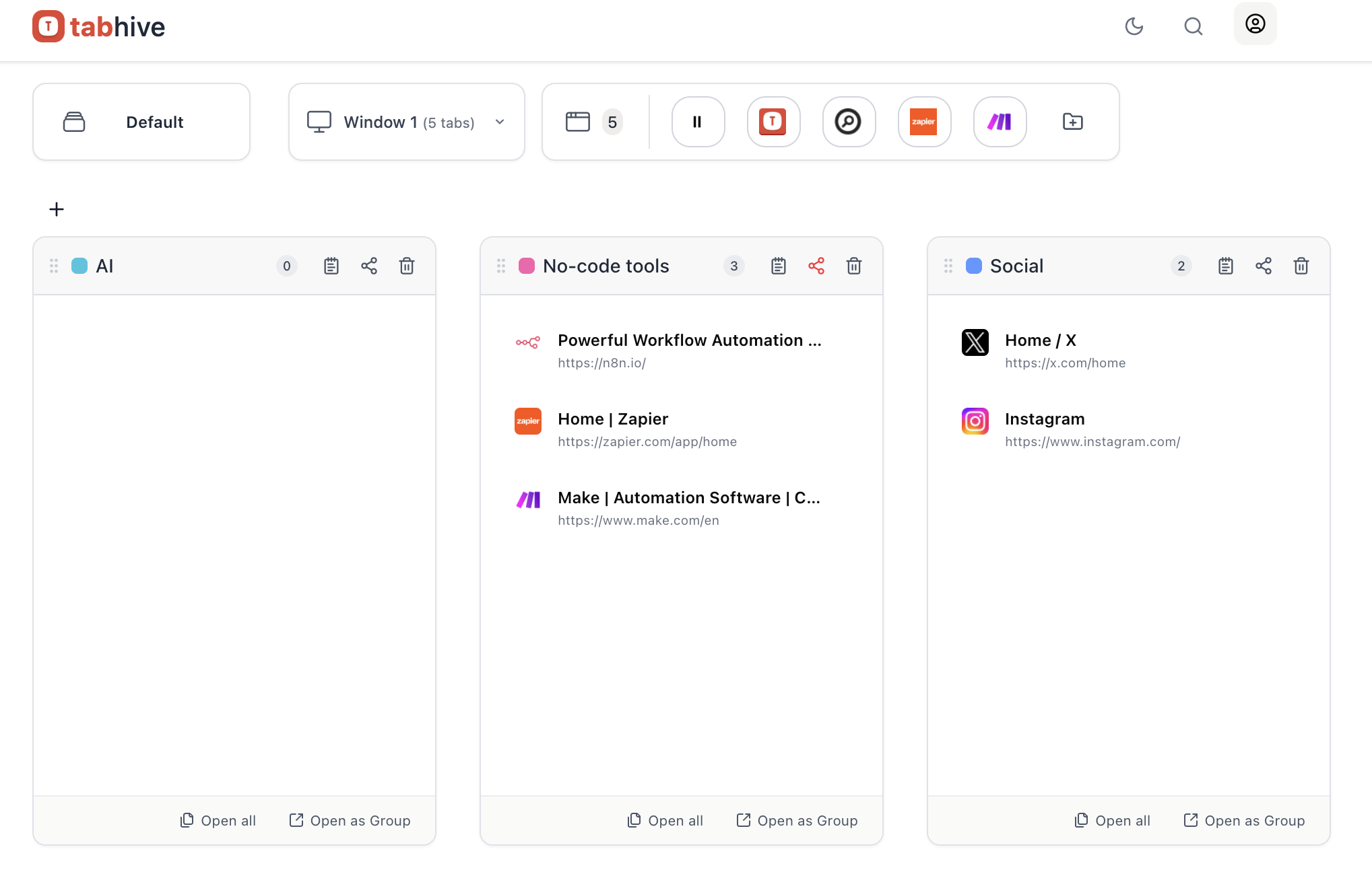 TabHive Dashboard showing organized tab groups with search and sharing features